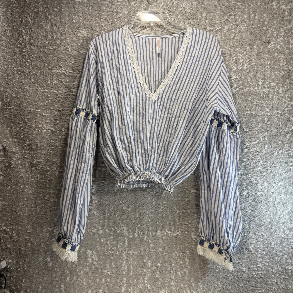Aguaclara Blue Striped Organic Cotton Women's Blouse Top Coastal Resort Wear M